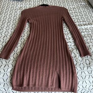 Brown ribbed mock turtleneck mini sweater dress